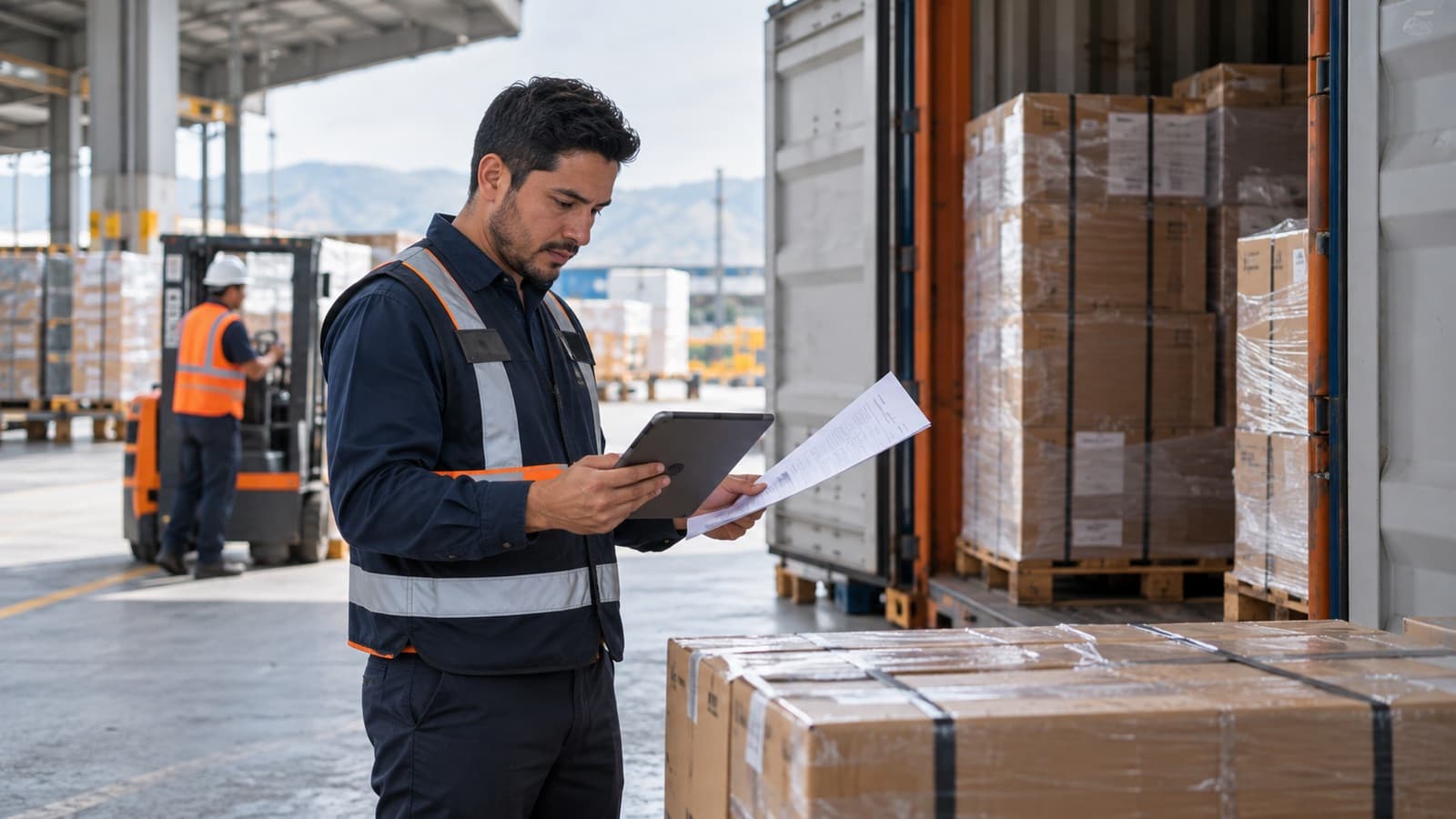 Agente aduanal revisando documentos de importación junto a un contenedor abierto